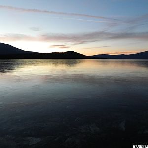 Frozen Klamath Lake at sunset.