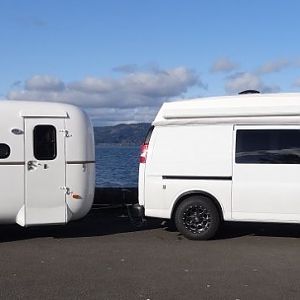 Accrete's van and trailer at the mouth of Columbia River