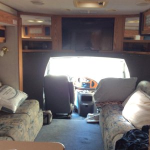 revolting combination of blue soft furnishings and orange woodwork!!! Yikes! and the mysterious total waste of space of the cab......