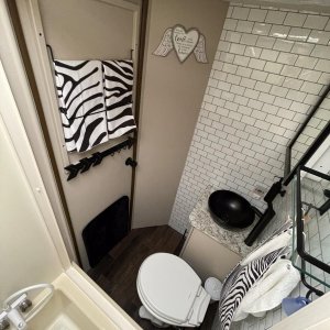 vertical storage is a must in small spaces (bath mat hangs on door)