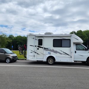 full rig towing 09 smart car with bike rack attachment.....