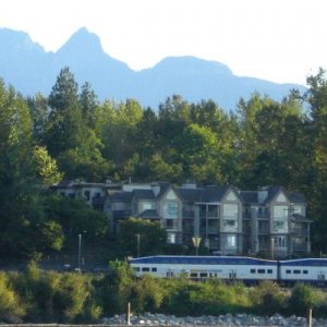 View across to Maple Ridge from Derby Reach
That is the West Coast Express commuter train.  Lots of trains passing along.