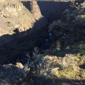 Deep gorge at Crooked River Ranch. Signs warn campers that the cliffs are dangerous and unstable. As close as I dared to get. If you look closely, you