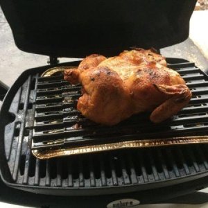 Weber Q 1200, can do a roast chicken. Only one burner so the heat is very even, maintains a perfect 325° at a medium setting. Economical on propane. G