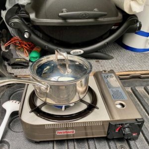 Our new butane stove impressed ! Used on the tailgate, supplemented our Weber BBQ and Blackstone griddle.
We use the stove in the camper for boiling w