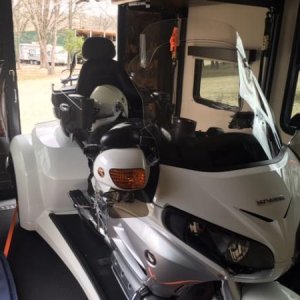 Looking out back of garage. We were not sure this GW trike would fit in the 11 foot garage, but it did with a little room to spare. Trike is 5' wide a