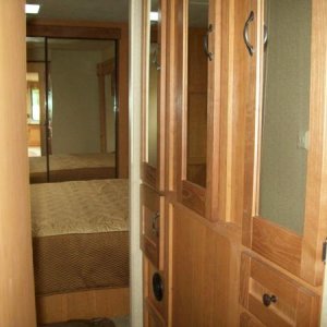 bathroom wardrobe, view into bedroom with mirror closet