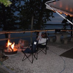 campfire overlooking the lake