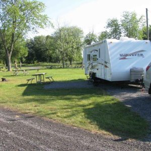 Camping at St. Lawrence Upper Canada campground, east of Morrisburg, Ontario.  Not a nice place to camp, dirty park, goose crap everywhere even in the