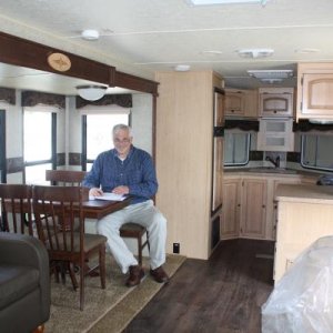 Enjoying the pre-delivery inspection of our new Windjammer.  Notice the involuntary smile! (5/8/2012)