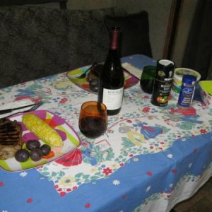 Dinner of steak, corn, purple fingerlings & wine!!  mmmm good