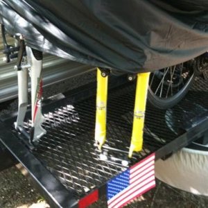 View of rear carrier with fork mounts for 3 bikes (2 shown)