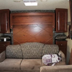 Murphy bed up, cherry cabinets with "Manhattan" color scheme