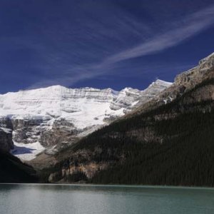 Our first look at Lake Louise. The deep blue sky resulted from underexposing the image to prevent the snow from becoming washed out.