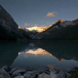 An early morning view of Lake Louise. This photo was extensively processed in PhotoShop in order to reveal detail in areas that would otherwise have b