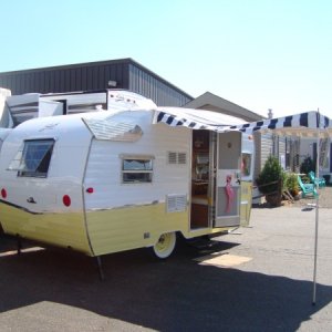 Butternut over White 16' at the Forest River 2014 Expo in Elkhart Indiana. This is a limited run of only 1941 "1961 Shasta Airflyte Re-Issued in 2015"