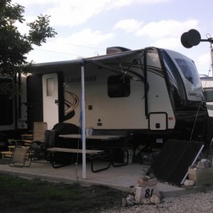 Berry Springs RV Park
The 2016 Lacrosse 337RKT, with my homemade wind generator, with solar panels and a rock collection of Texas rocks