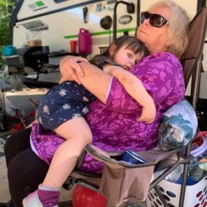 Camping with one of the great-grandchildren.  Her first camping trip.  Sadly, she discovered graham crackers in great-grandma's trailer.  Solves myste