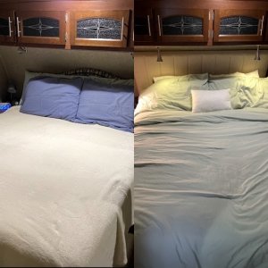 Before and After Removing Ugly Stock Headboard and Replacing it with an Adhesive Cushion Headboard from Amazon