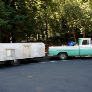 On the road with my 61 GMC. Bon Voyage is a 65.