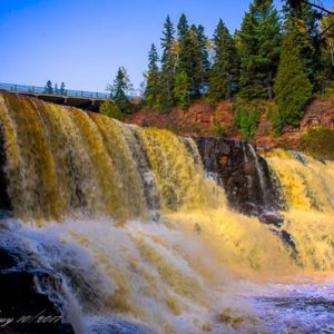 Gooseberry Falls running full and yellow after heavy rains, MN