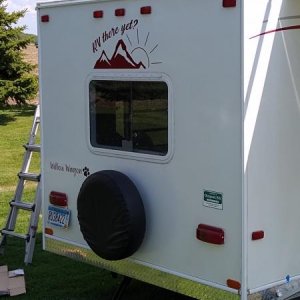 A little RV humor. Found on Etsy, it was larger than what we needed for the rear top, but cut down it worked.