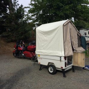 Camping coast to coast by motorcycle towing a Kompact Kamper.