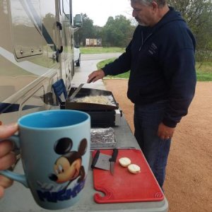 Mother Neff State Park...Cooking breakfast and the wife's coffee cup. Very nice park.