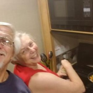 Paul and Marilee enjoying breakfast in Stormy the RV