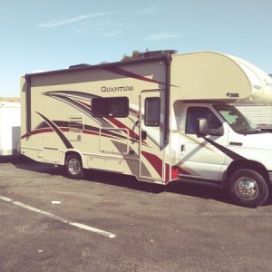 Brownie with old trailer in parking lot.