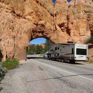 Our trailer going through a rock cut on Biway 12 in Utah.