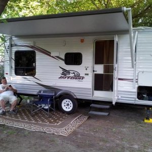 Our setup. I didn't realize I was close to the tree to open the awning all the way until after I uncouple the truck.