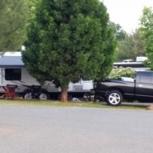 Trailer and pickup at our site. For a couple more dollars, I got a pull thru.