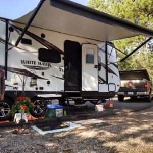 This is our new White Hawk 23MRB - before we figured out how to work the awning properly!