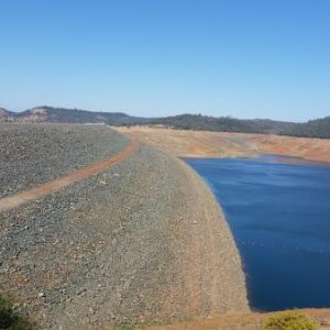 Oroville Dam and a very low lake level.