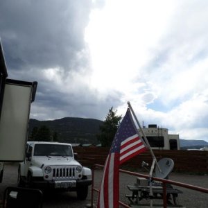 July 2016, Alpine RV Park, South Fork, CO.  Storm clouds rolling off the mountains from the west.