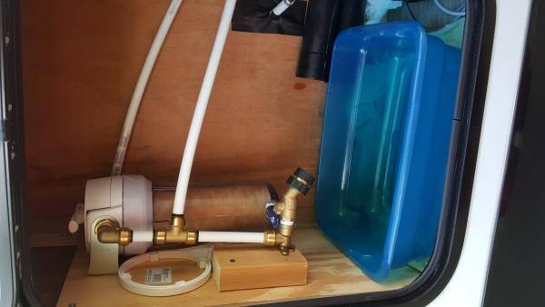 Added whole house water filter for both fresh water tank fill and city water use.