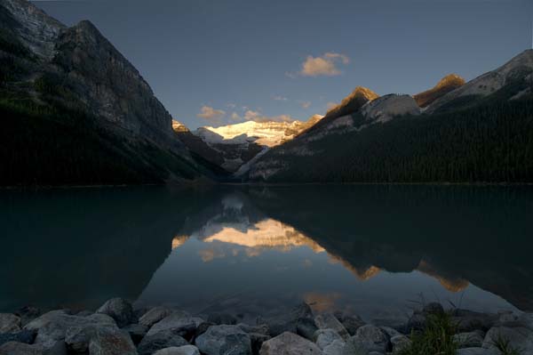 An early morning view of Lake Louise. This photo was extensively processed in PhotoShop in order to reveal detail in areas that would otherwise have b