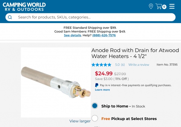 Anode rod w/drain