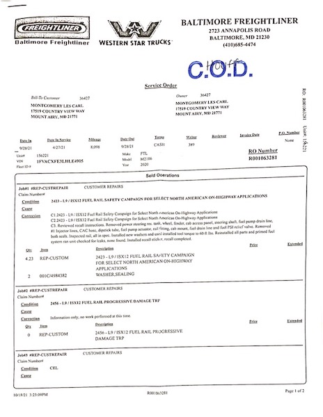 Baltimore Freightliner Repair Invoice Oct 2021