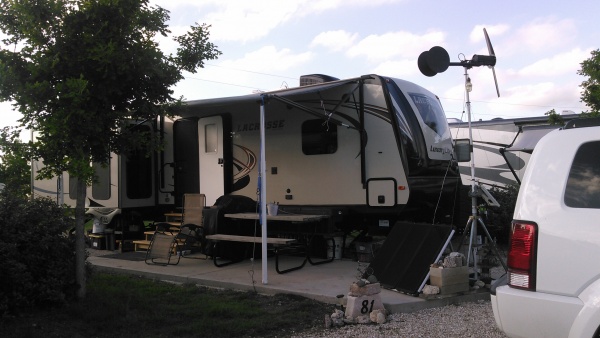 Berry Springs RV Park
The 2016 Lacrosse 337RKT, with my homemade wind generator, with solar panels and a rock collection of Texas rocks