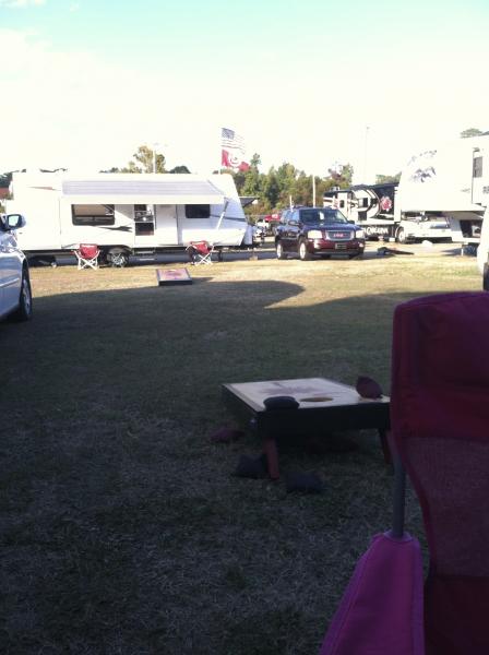 Corn hole boards set up.