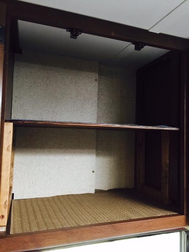 cut the new shelf to fit the cabinet precisely. realized a couple of cabinets were plenty tall enough, and a shelf would make things easier. Used 1/4 