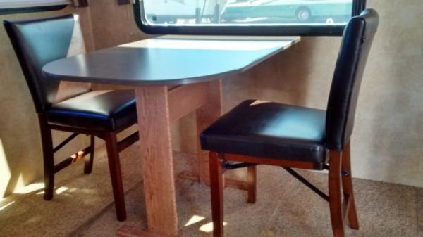 eliminated bench seats and replaced "double pole" table base with oak base.  Chairs are very comfortable and will fold up.