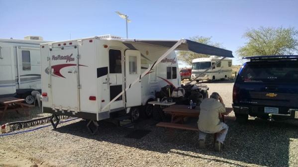 Escapees Camp Spot, My buddy Bob at Table counting nuggets from a day's hunt; Escapees Campground, Congress, AZ