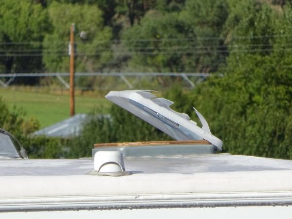 Hail damage to a nearby trailer while we were in Cannonville, Utah (near Bryce Canyon). This shows the importance of vent covers.