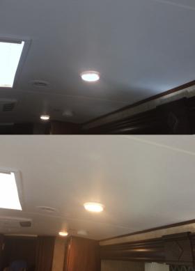 Installed photographic gels in the LED lights to warm them up. Before (top) and after (bottom).