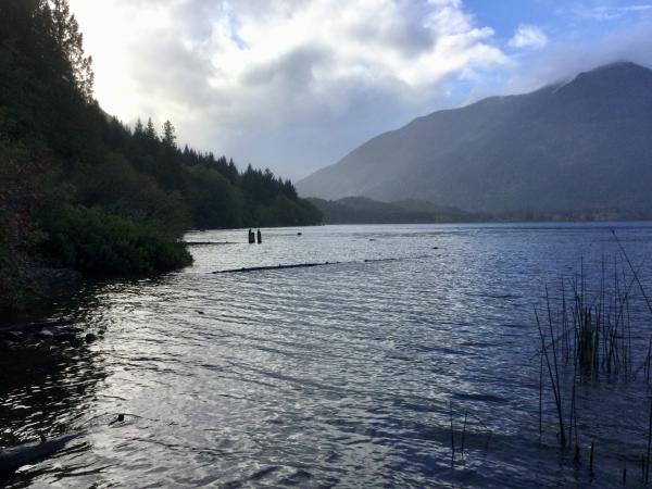 Looking East on our little private beach on First Lake, Nanaimo Lakes BC.