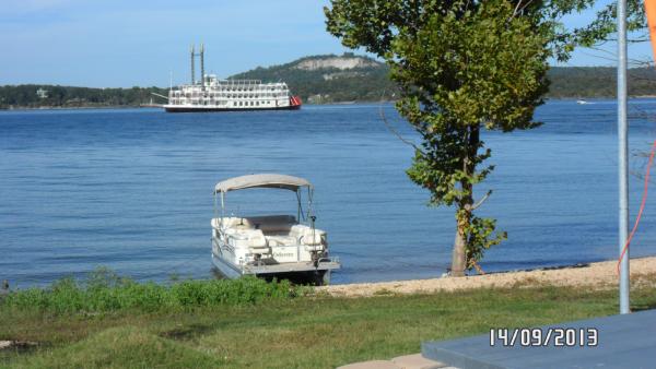 Looking out from the trailer toward our pontoon & the Branson Belle.