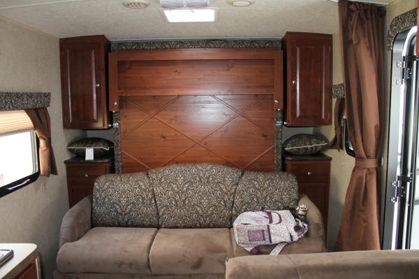 Murphy bed up, cherry cabinets with "Manhattan" color scheme